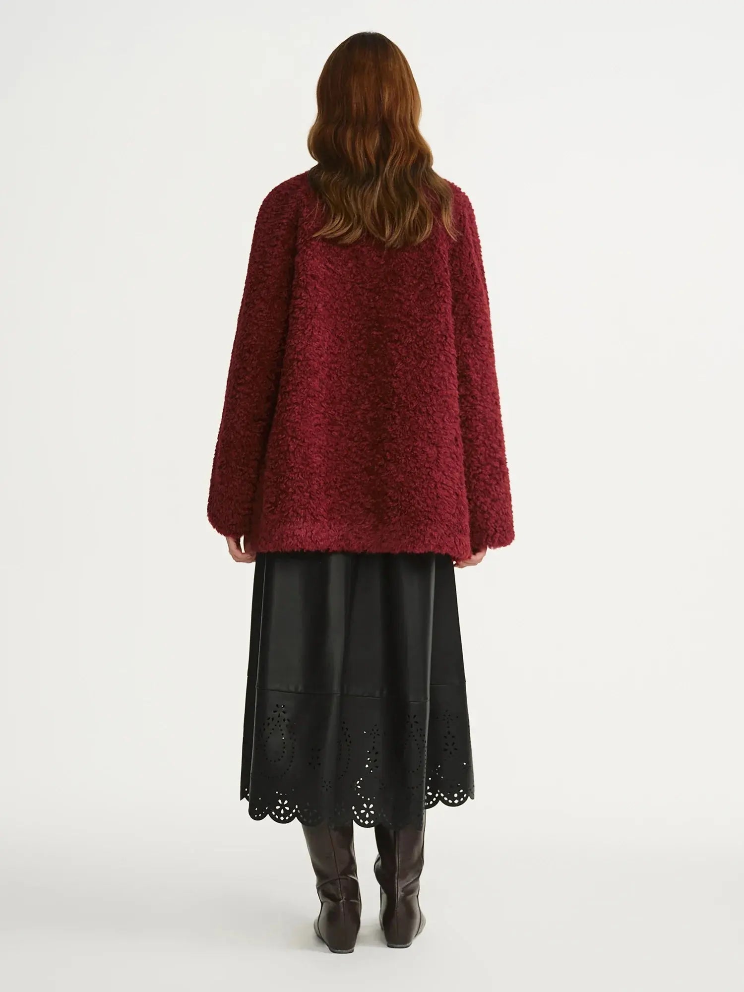 Plus Size Burgundy Faux Fur Coat - Loran