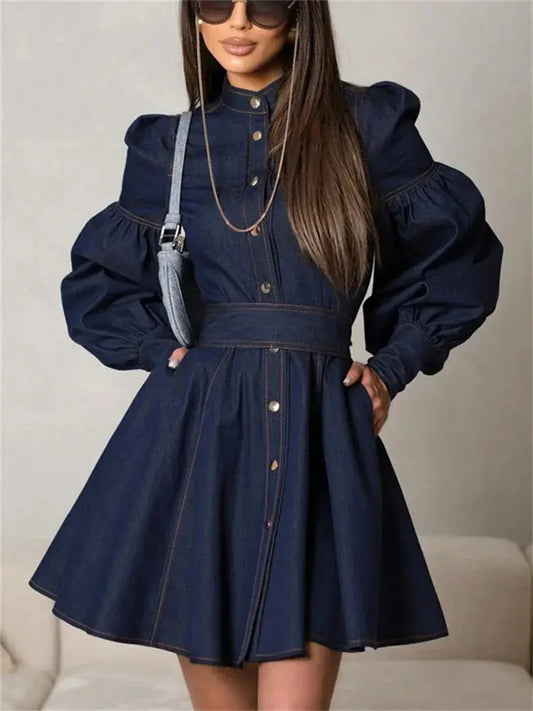 Lace-Up Patchwork Denim Mini Dress - Loran