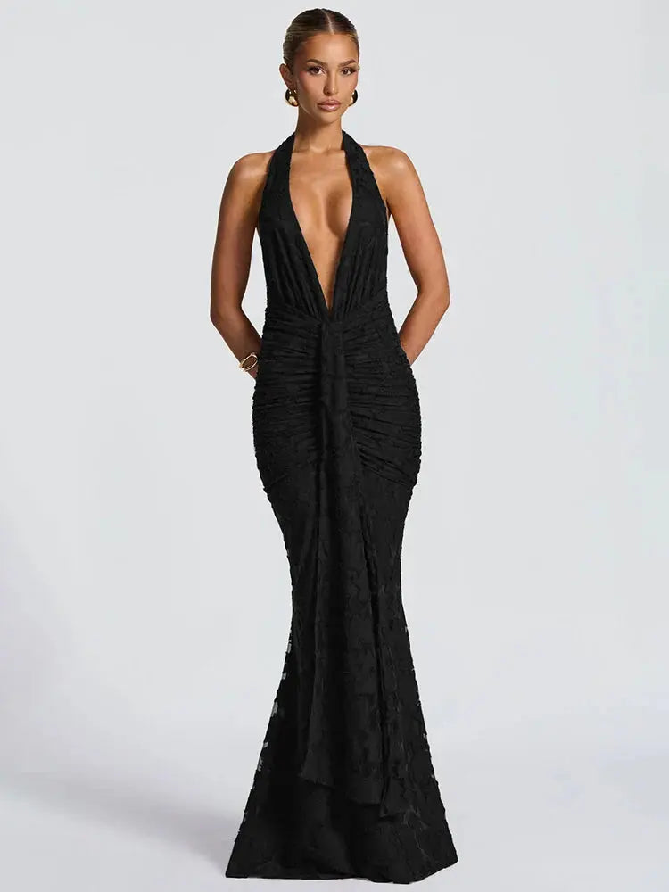 Women's  Deep V-Neck Backless Ruched Club Gown - Loran
