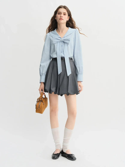 Plus Size Navy Striped Shirt with Collar & Bow Detail - Loran