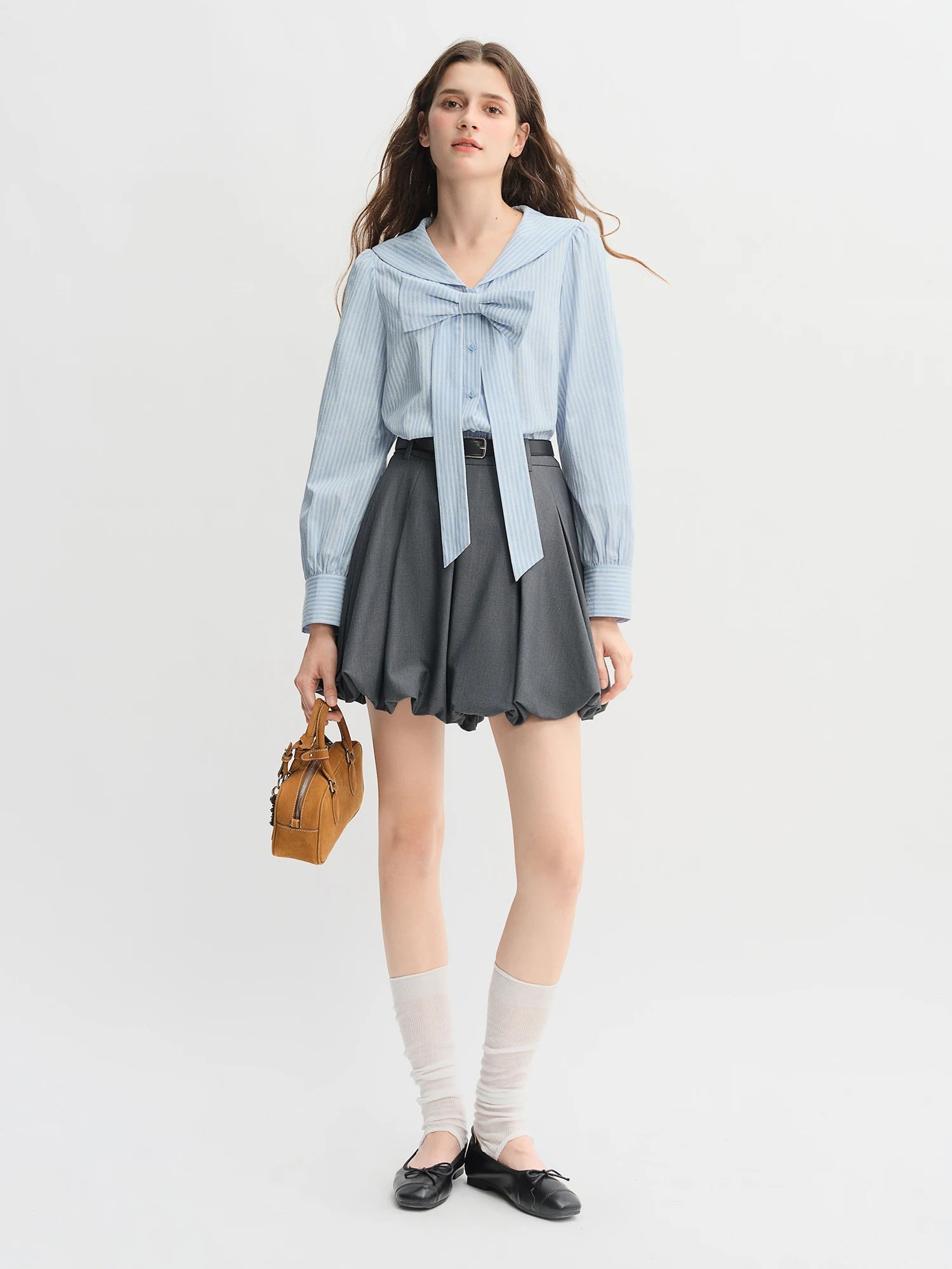 Plus Size Navy Striped Shirt Dress with Bow Autumn Style Loran