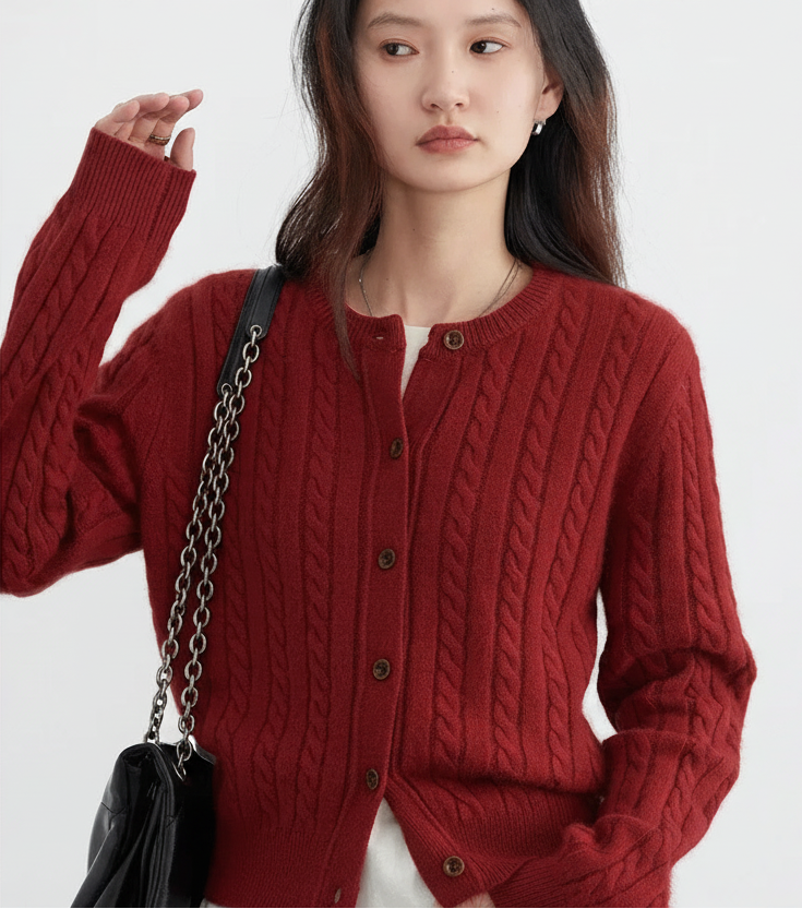 Red Round Neck Cardigan Twisted Raccoon Hair Knit Loran