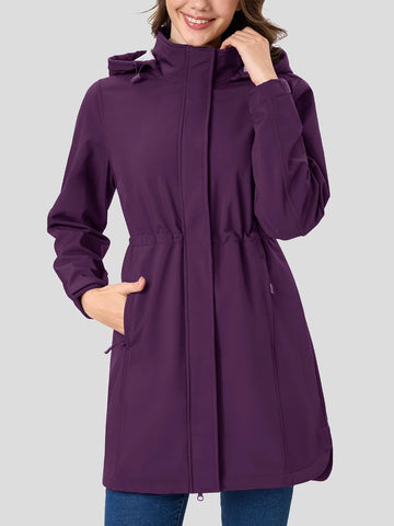 Purple coat worn by a person on a gray background