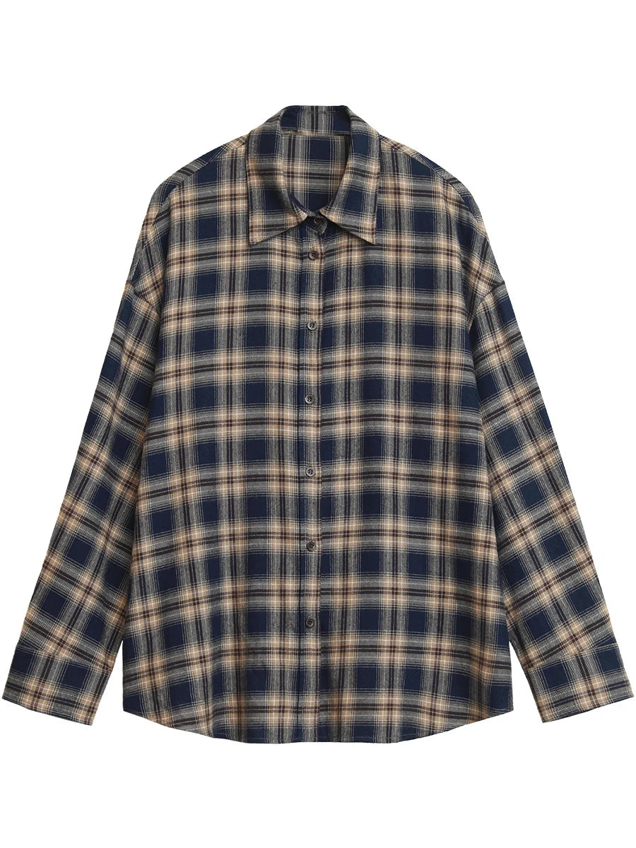 Long Sleeve Plaid Shirt Casual Loose Fit Autumn Blouse Loran