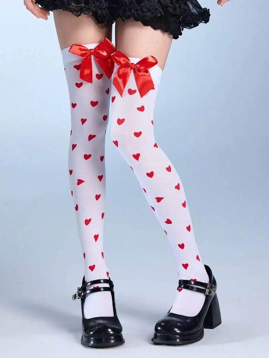 Black Pink Bone Over-the-Knee Socks with Bows