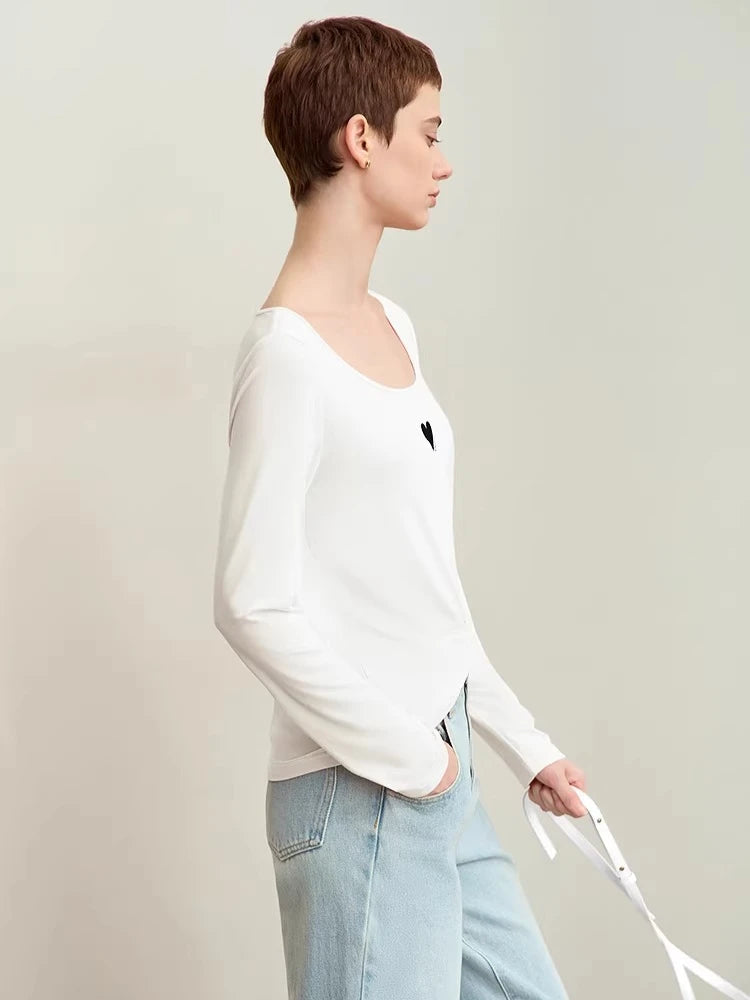 U-Neck Contrast Print Tee Long Sleeve Cotton Basic Loran