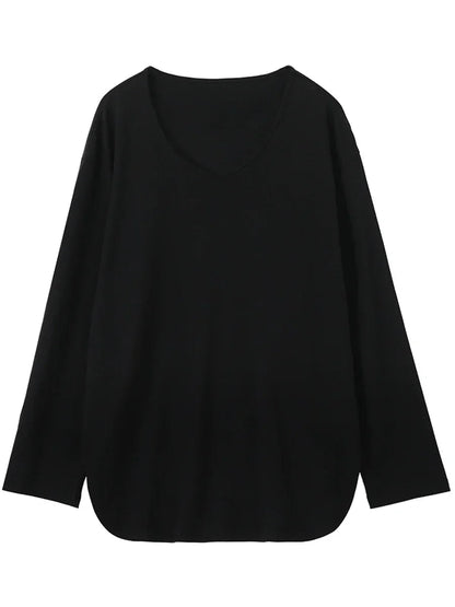 Loose U-Neck Long Sleeve Tee Casual Split Hem Top Loran