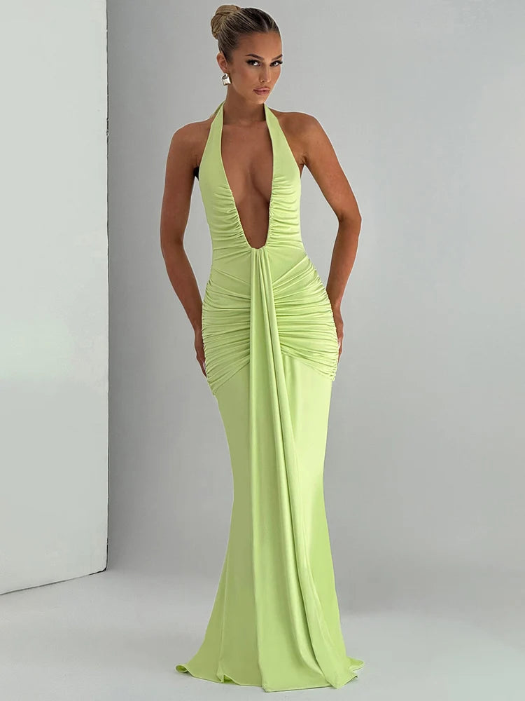 Sexy Halter Deep V-Neck Ruched Club Dress