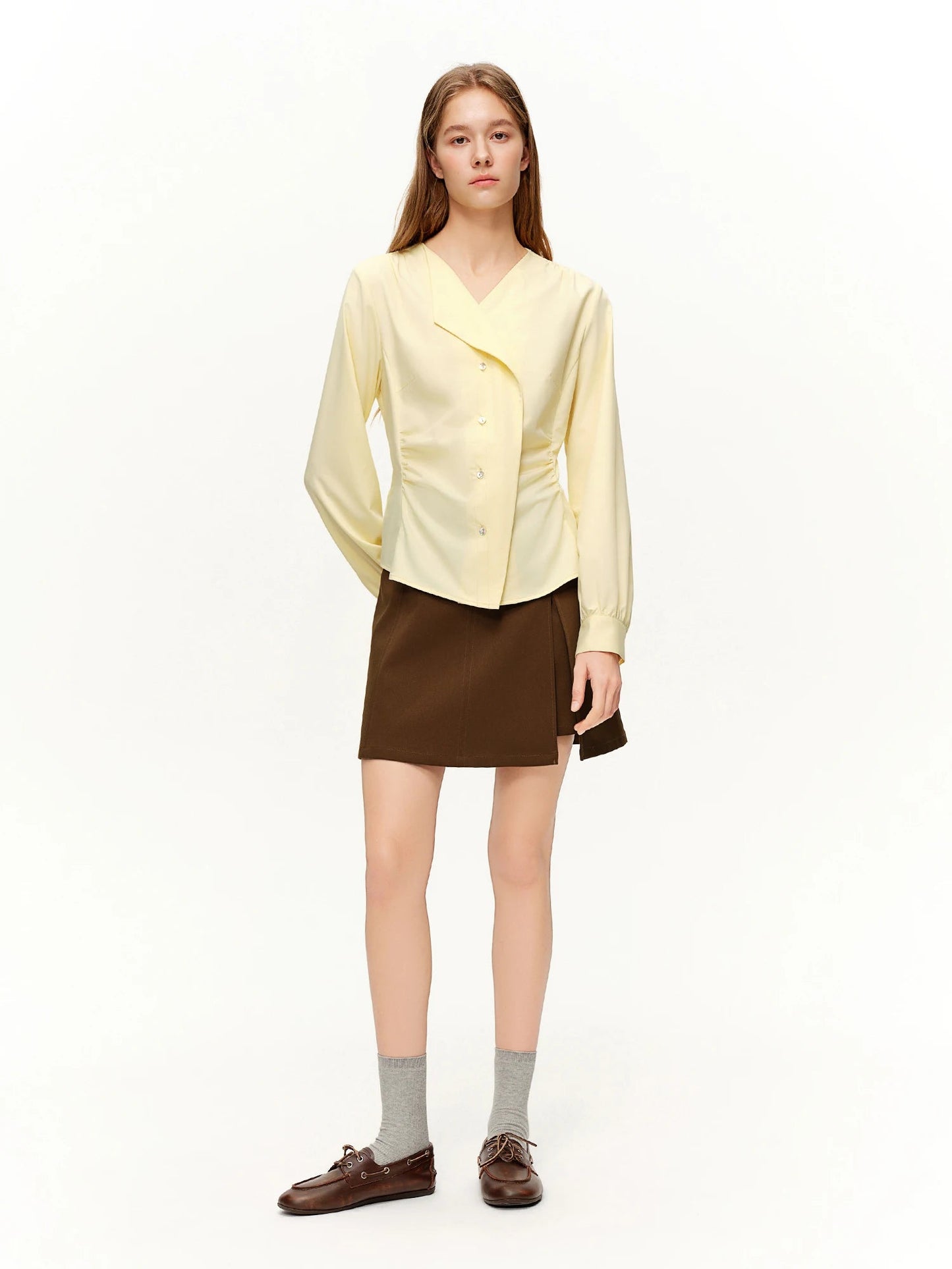Women’s Asymmetrical V-Neck Blouse Slim Fit Office Top Loran