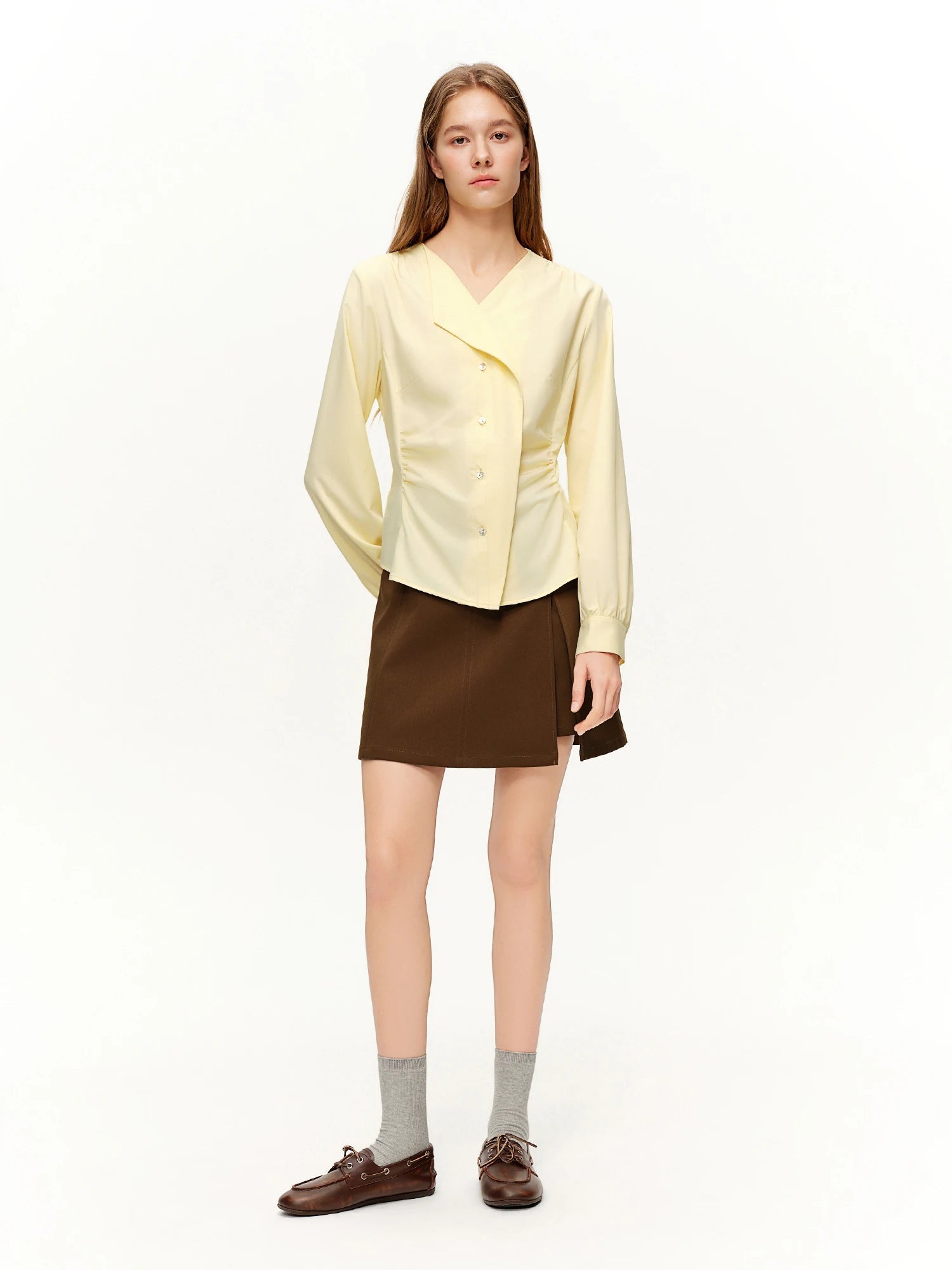 Women’s Asymmetrical V-Neck Blouse Slim Fit Office Top Loran