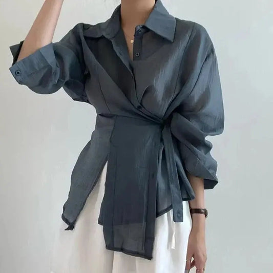 Chic Long Sleeve Button-Down Shirt with Asymmetrical Hem - Loran