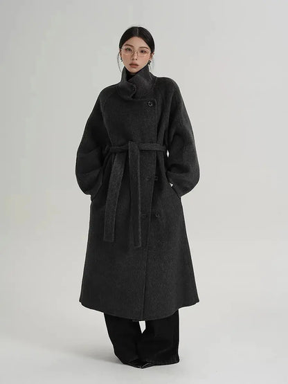 Chic Gray Standing Collar Double-Sided Wool Coat - Loran