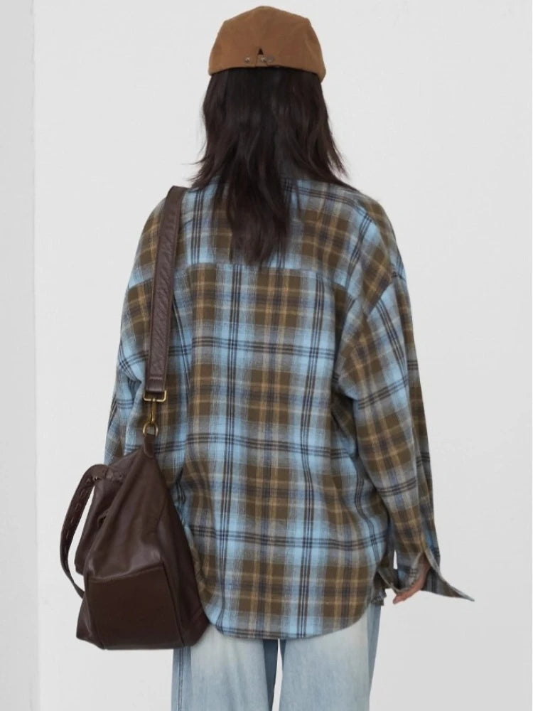 Women’s Long Sleeve Plaid Shirt Coat Loose Casual Blouse Loran