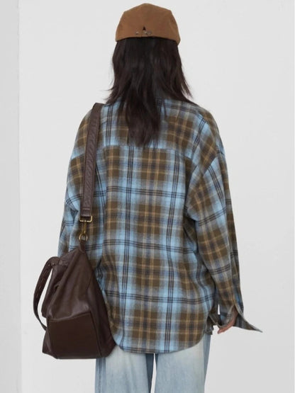 Women’s Long Sleeve Plaid Shirt Coat Loose Casual Blouse Loran