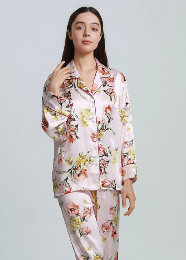 FIMTAIRAH 6A 19MM  Printed Floral  Home Suit   Real Silk Pajamas Set  100% Silk Pajamas For Women Female Spring Loran