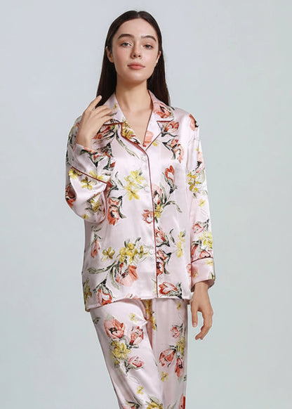 FIMTAIRAH 6A 19MM  Printed Floral  Home Suit   Real Silk Pajamas Set  100% Silk Pajamas For Women Female Spring Loran