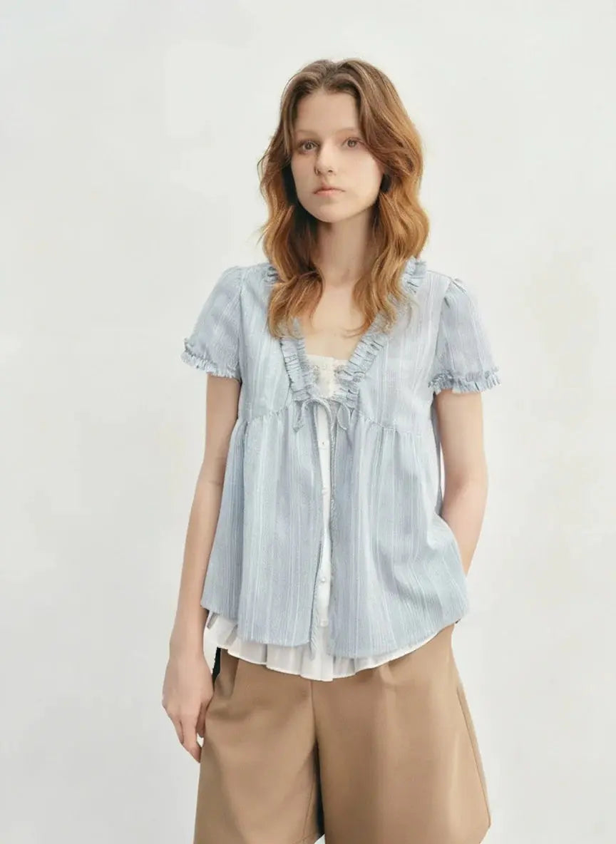 New Blue Striped Ruffle Blouse - Loran