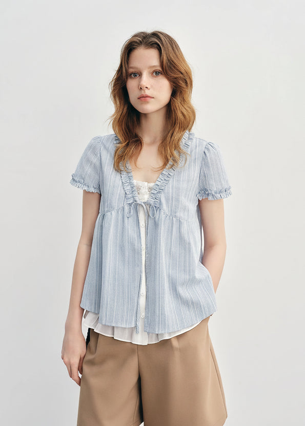 Ruffled Striped Blue Shirt Fake Two-Piece Top Loran