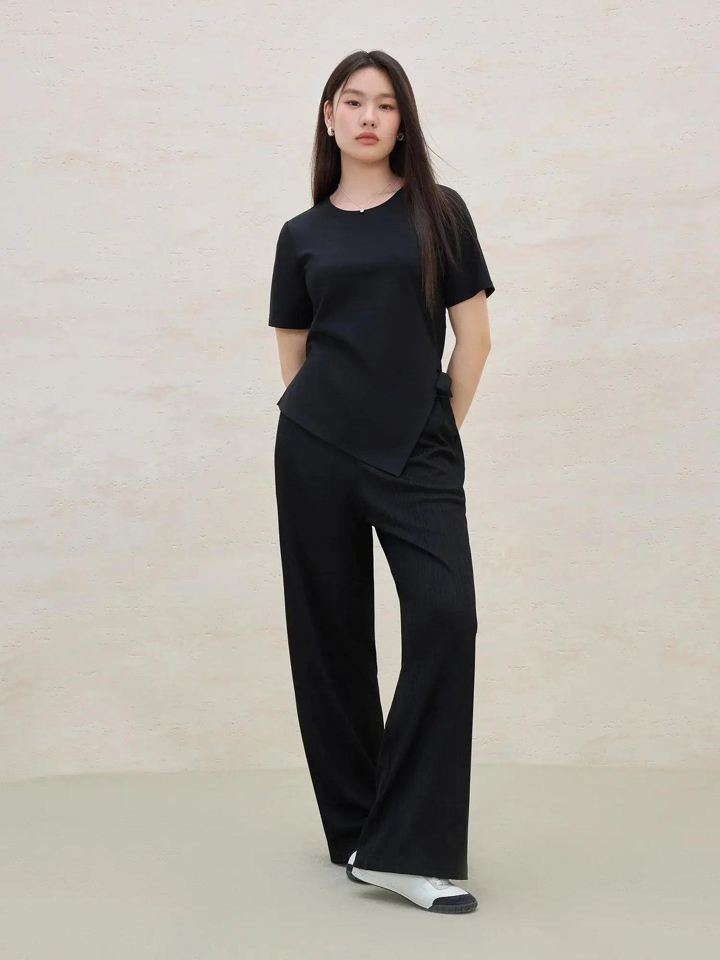 Chic Minimalist Black Stretch Wide-Leg Summer Trousers - Loran