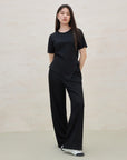 Chic Minimalist Black Stretch Wide-Leg Summer Trousers