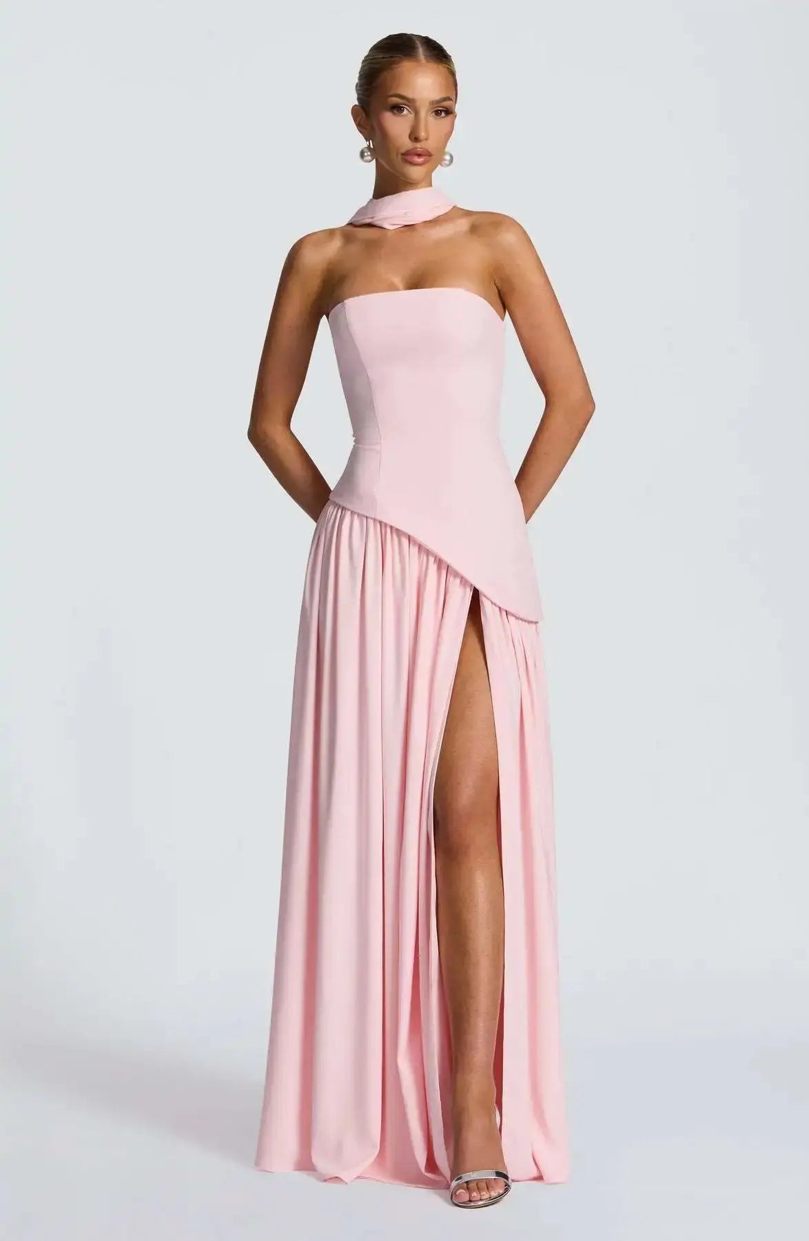 Sleek Solid Tube Top Maxi Dress with High Slit - Loran
