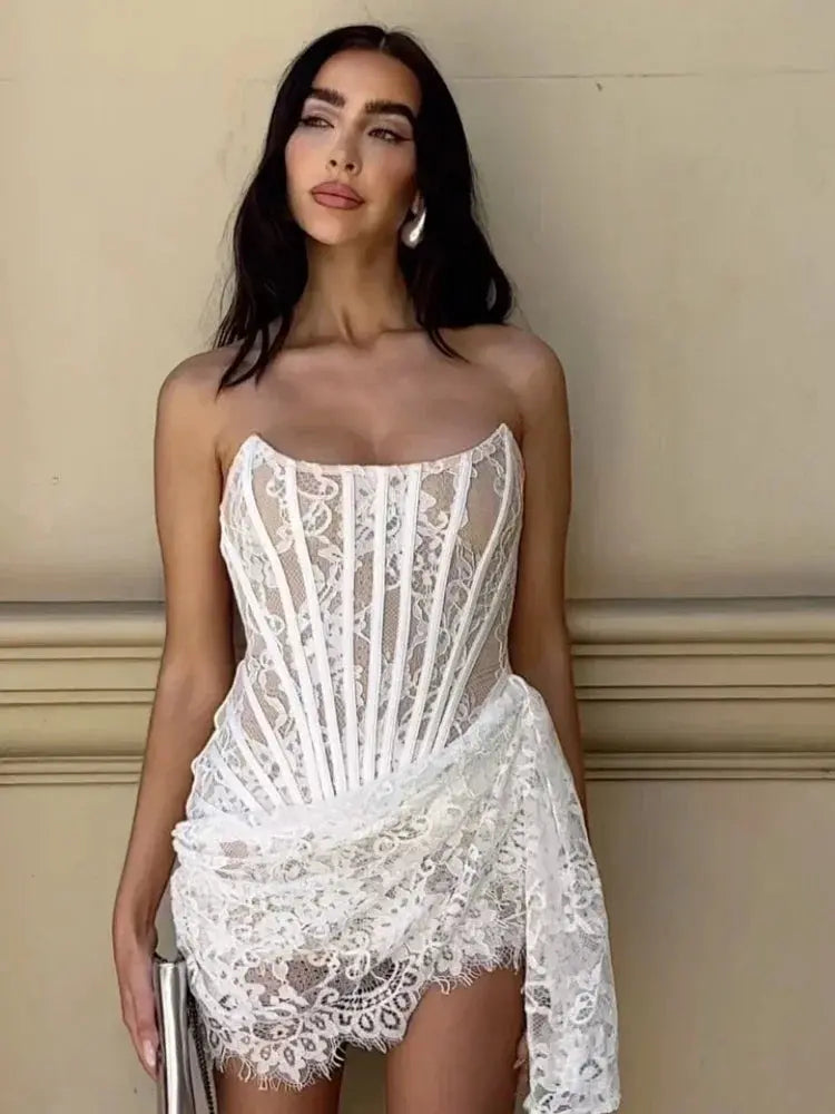 Elegant Lace Corset Mini Dress with Straps - Loran