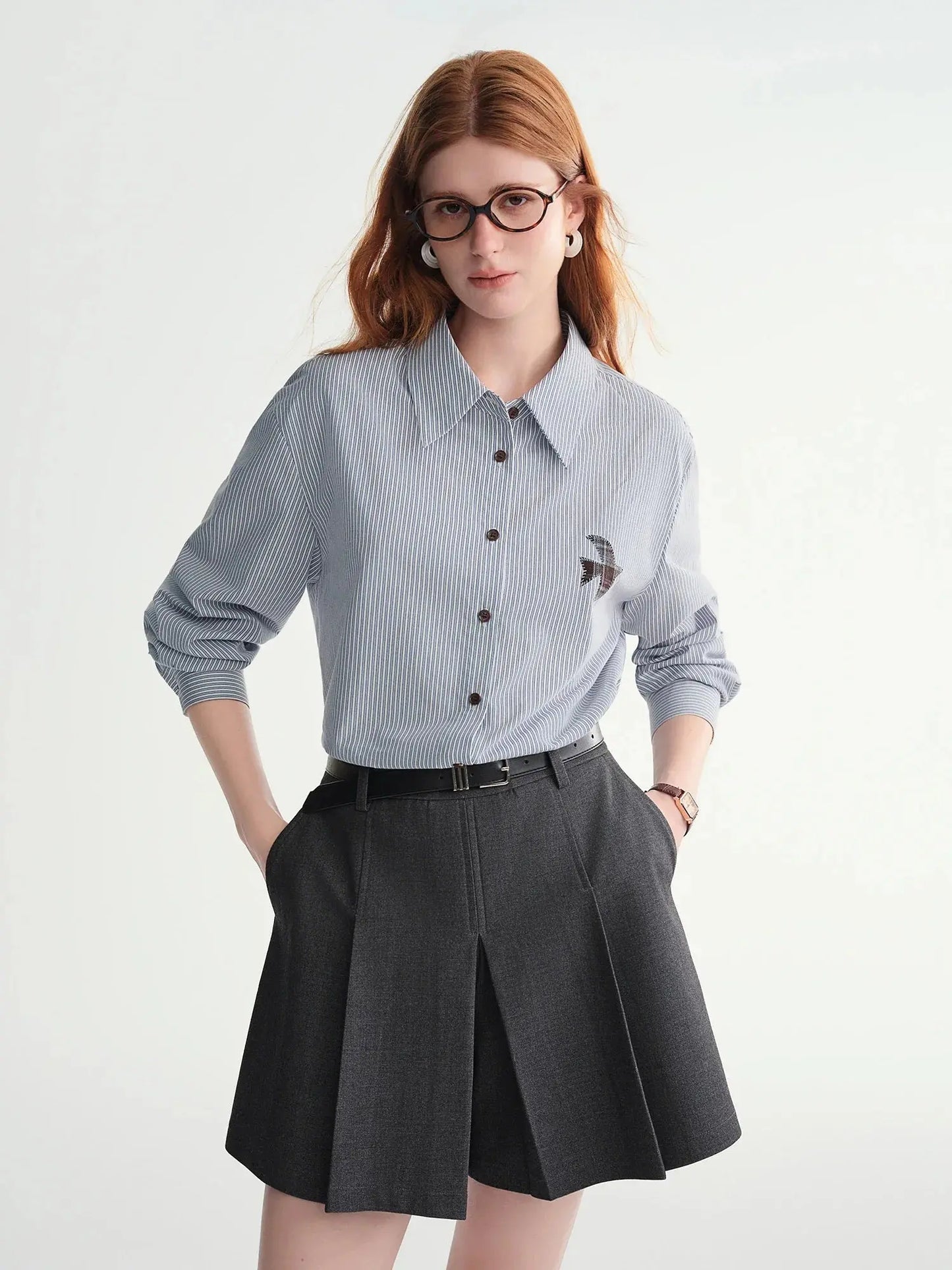 Plus-Size Birds Appliqué Checkered Stripe Shirt - Loran