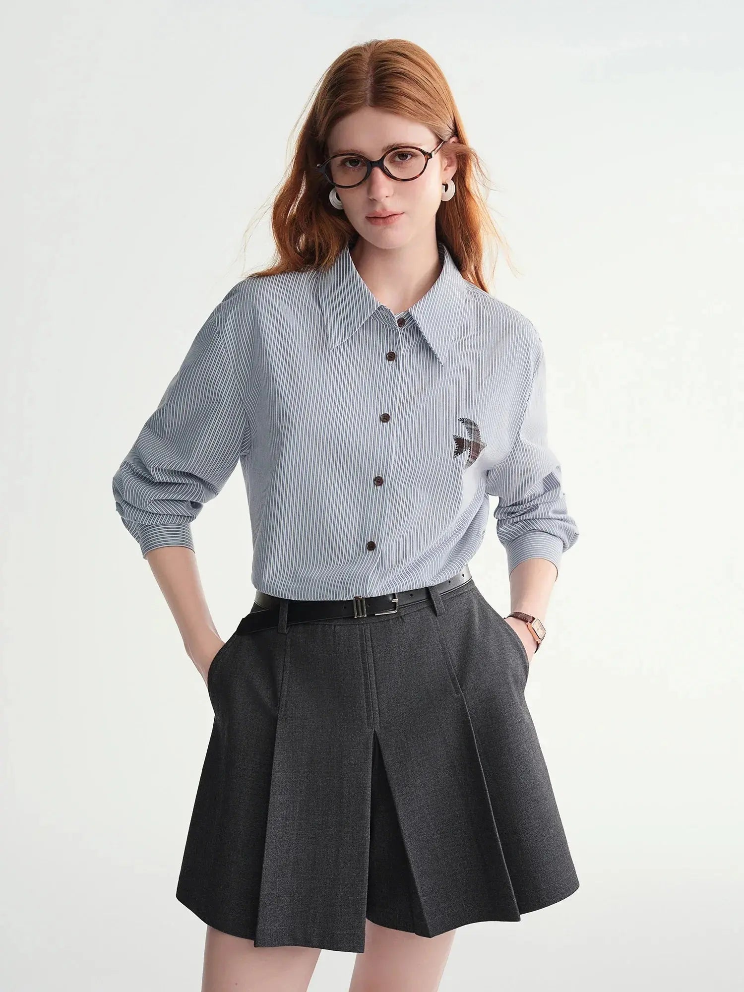 Plus-Size Birds Appliqué Checkered Stripe Shirt - Loran