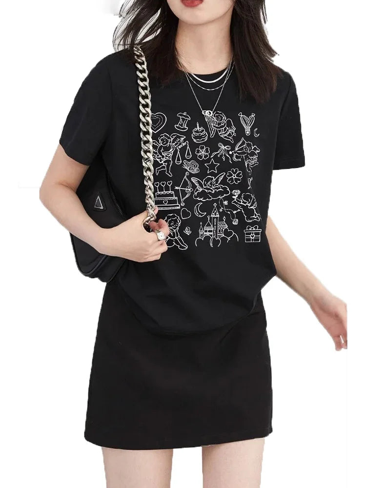CHIC VEN Korean Women T-Shirts Loose New Korean O Neck Short Sleeve Printed Girl Tees Slim Female Top Summer 2025 Loran