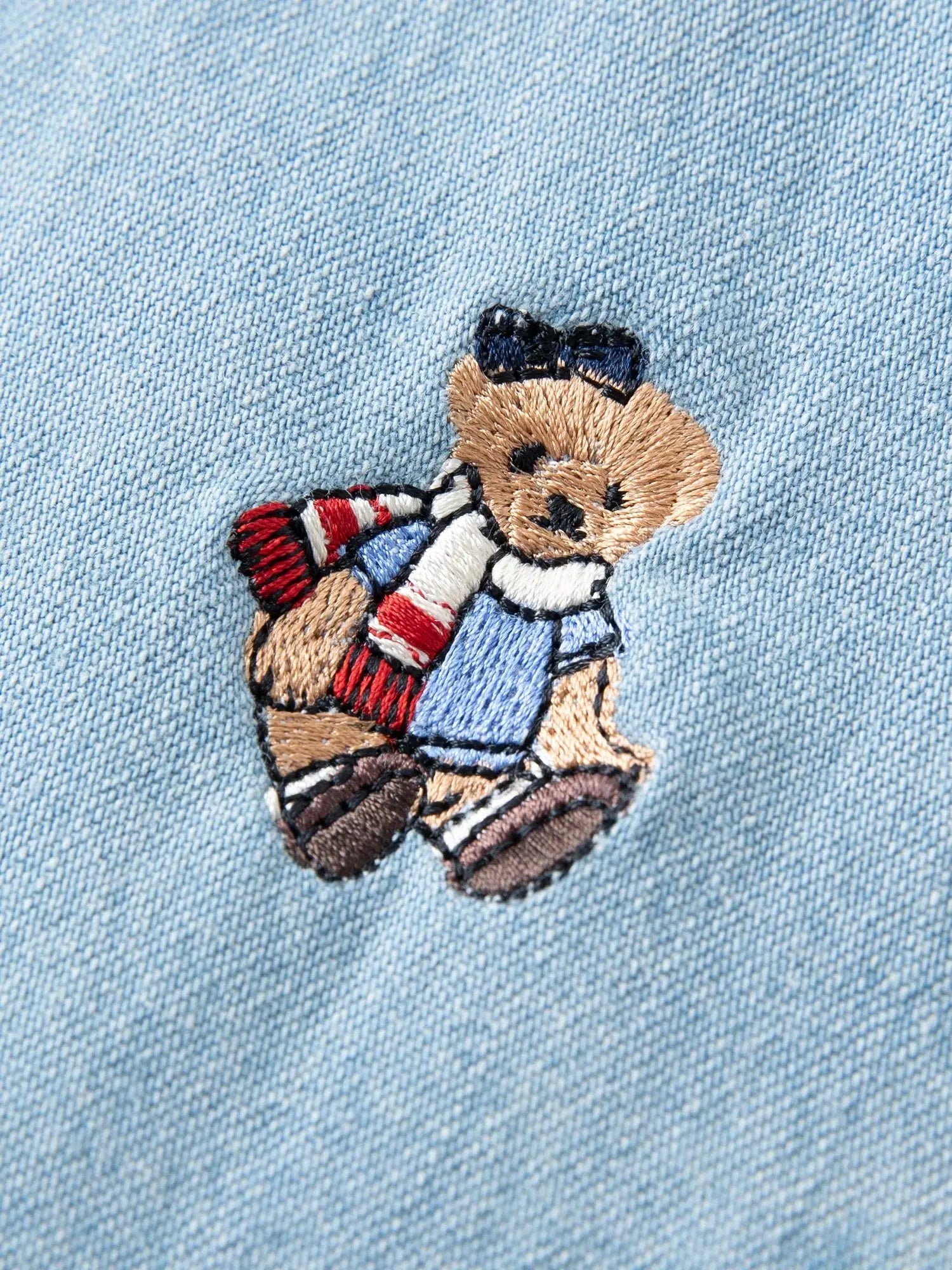 American Retro Bear-Embroidered Denim Shirt (Plus Size) - Loran