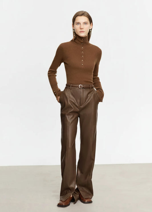 AMII Minimalist PU Leather Casual Pants for Women 2025 Autumn New Loose Floor Length Straight Slit Female Trousers 12343250 Loran