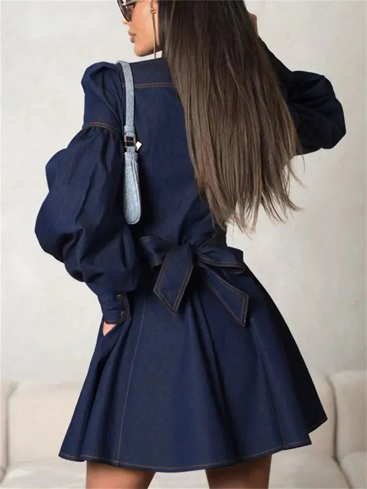 Lace-Up Patchwork Denim Mini Dress - Loran