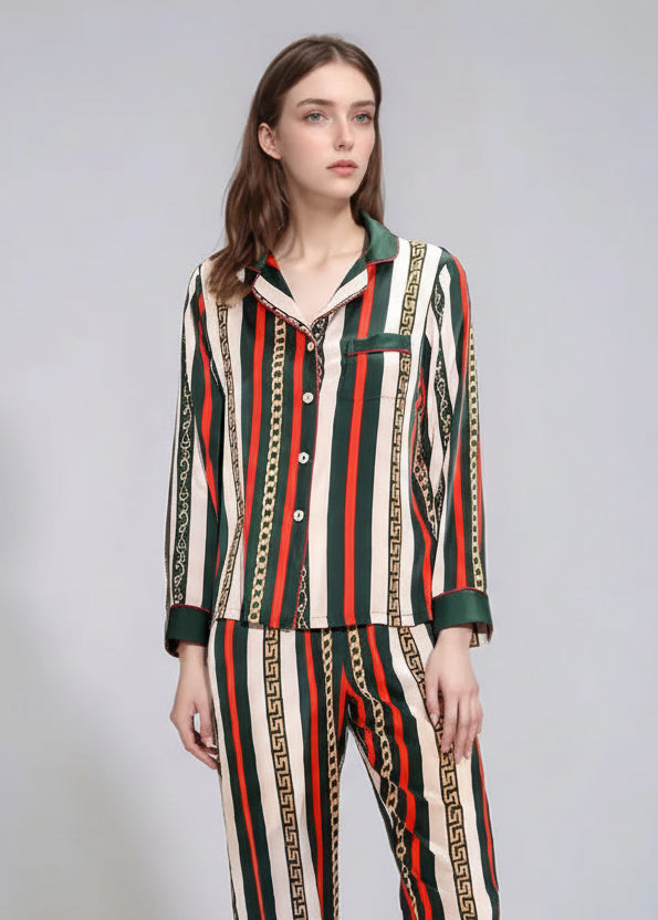 Luxury Mulberry Silk Pajamas Striped Long Sleeve Set