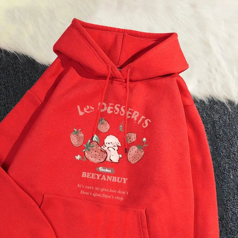 Cute Rabbit Strawberry Print Women's Hoodie - Loran