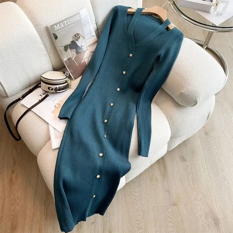 Slim-Fit V-Neck Sweater Dress