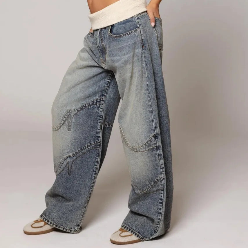 Chic Denim Patchwork Wide Leg Pants