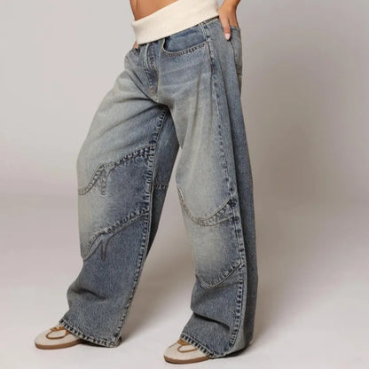 Chic Denim Patchwork Wide Leg Pants