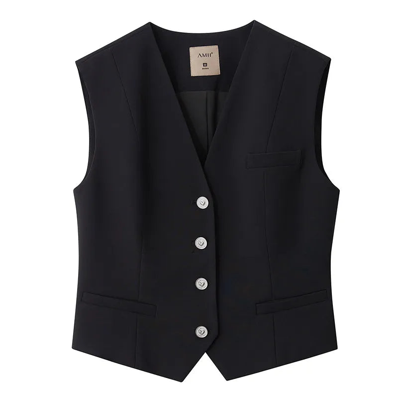 Amii Women's Vest 2026 Spring New Commuter V-neck Buckle Sleeveless Vest Female Slim Short Solid Color Versatile Top 12621085 Loran