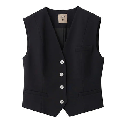 Amii Women's Vest 2026 Spring New Commuter V-neck Buckle Sleeveless Vest Female Slim Short Solid Color Versatile Top 12621085 Loran
