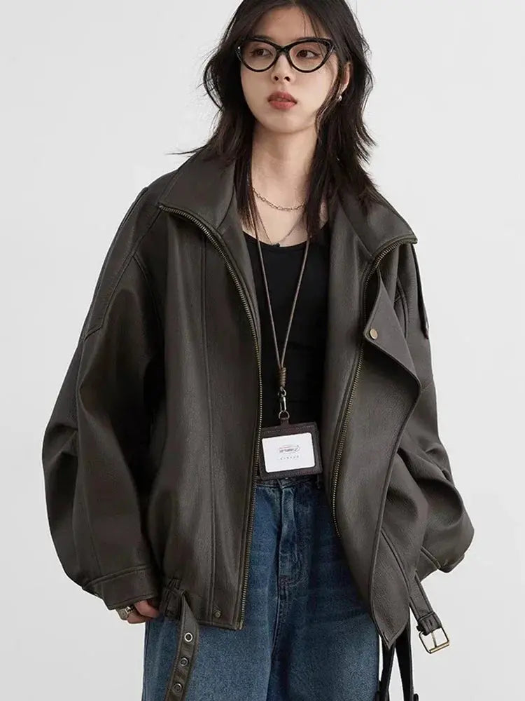 Chic Faux Leather Standing Collar Jacket - Loran