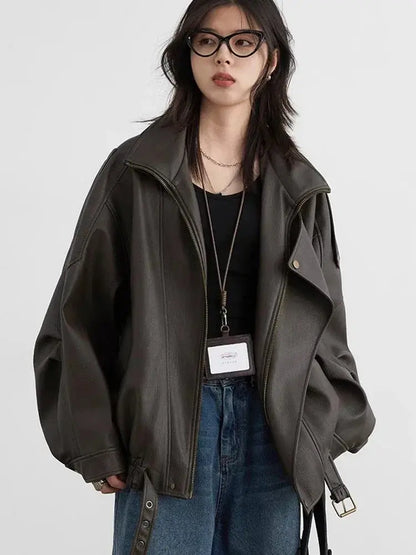 Chic Faux Leather Standing Collar Jacket - Loran