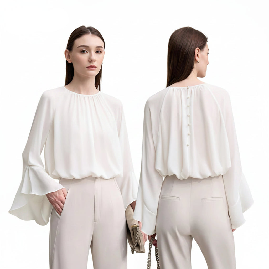 Amii Women Blouse 2026 Spring New O-Neck Raglan Flare Sleeve Chiffon Shirt Versatile Elegant Women's Long Sleeve Top 12621052 Loran