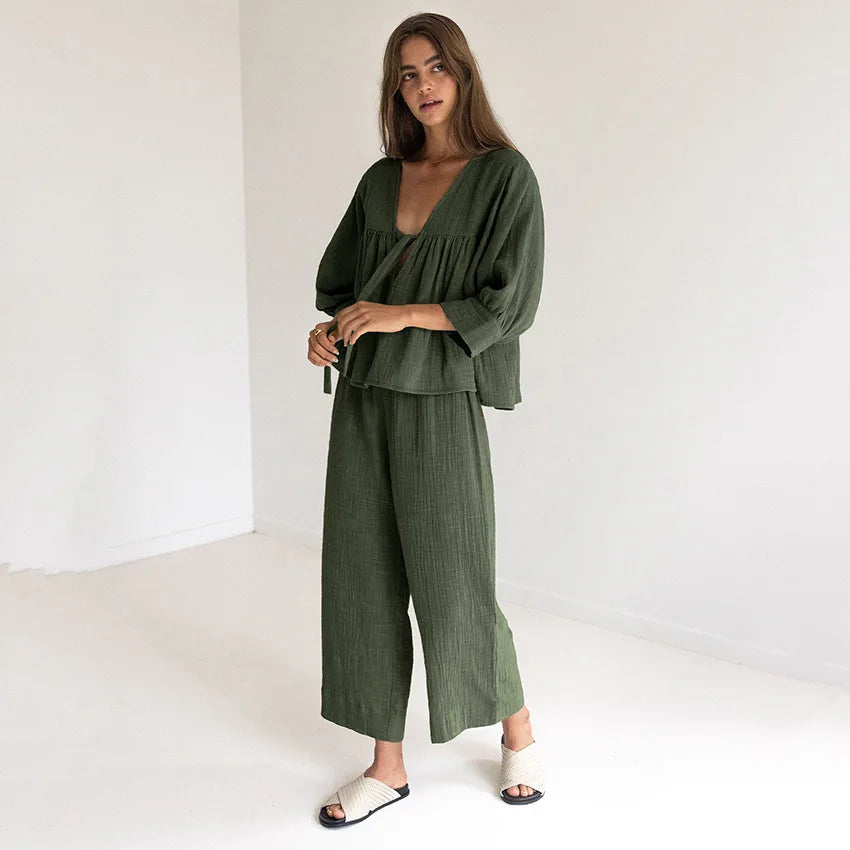Cotton 2 Piece Sets Women's Nightwear Three Quarter Sleeve V Neck Pajamas Loose Trouser Suits Female Sleepwear Home Clothes Loran