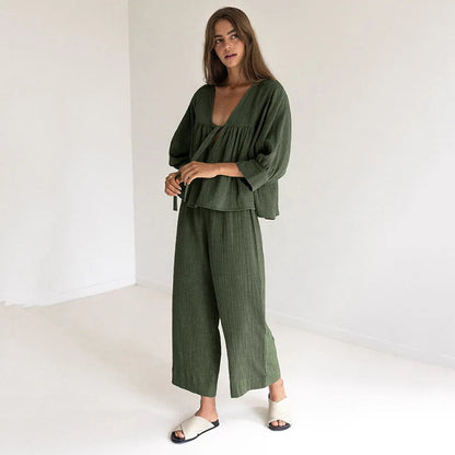 Cotton 2 Piece Sets Women's Nightwear Three Quarter Sleeve V Neck Pajamas Loose Trouser Suits Female Sleepwear Home Clothes Loran