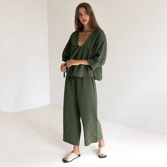 Cotton 2 Piece Sets Women's Nightwear Three Quarter Sleeve V Neck Pajamas Loose Trouser Suits Female Sleepwear Home Clothes Loran