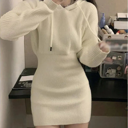 Chic High-Waist Bandage Knit Dress with Hood - Loran
