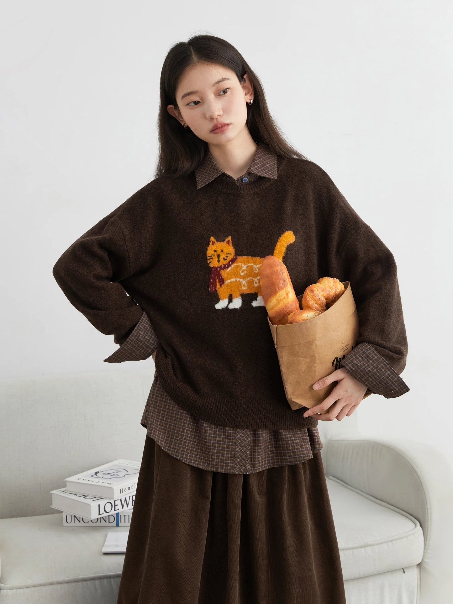 Women’s Cartoon Cat Knit Sweater Loose Casual Autumn Pullover Loran