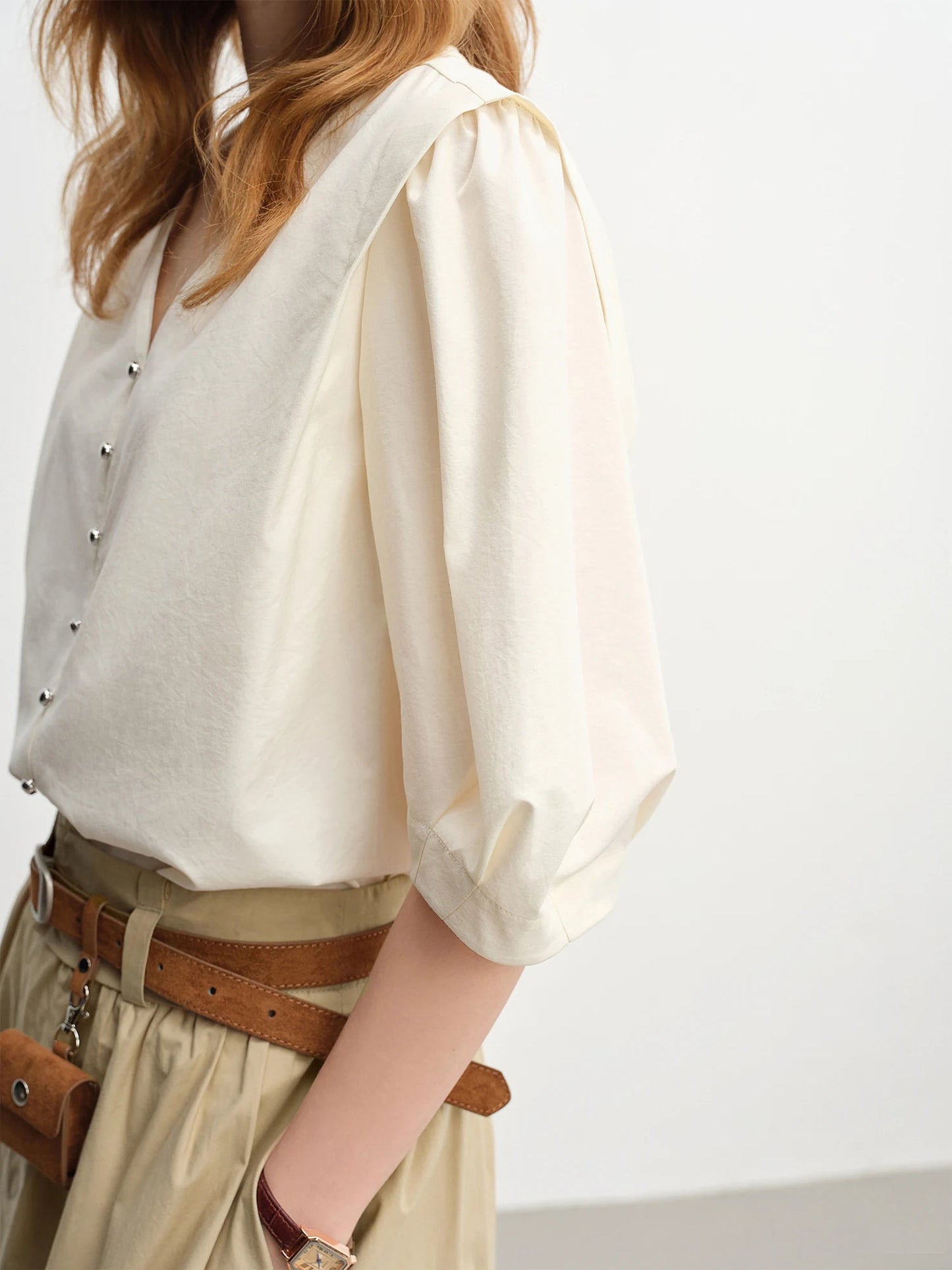 Women’s V-Neck Half Sleeve Blouse Slim Fit Commuter Top Loran