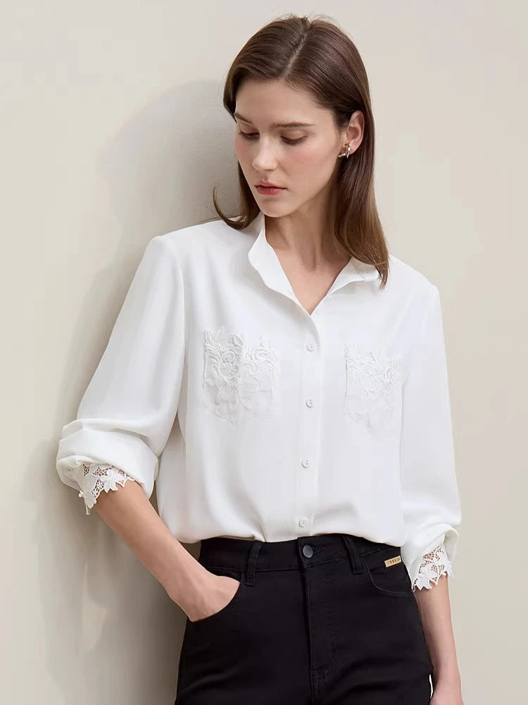Amii Women's Blouse 2026 Spring New Elegant Commuter Stand-up Collar Chiffon Shirt Lace Pocket Women's Solid Loose Top 12641124 Loran