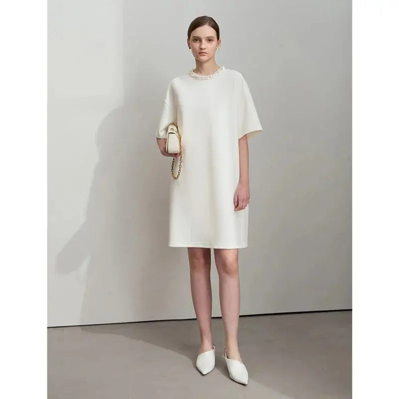 Elegant Mid-Length Knit Dress with Short Sleeves - Loran